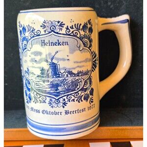 Heineken Hand Painted Delft Holland Blue & White Beer Mug, Oktober Beerfest 1977